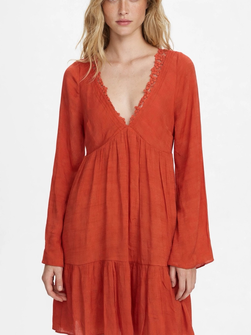 Free People Terra Cotta V-Neck Long Sleeve Tiered Dress